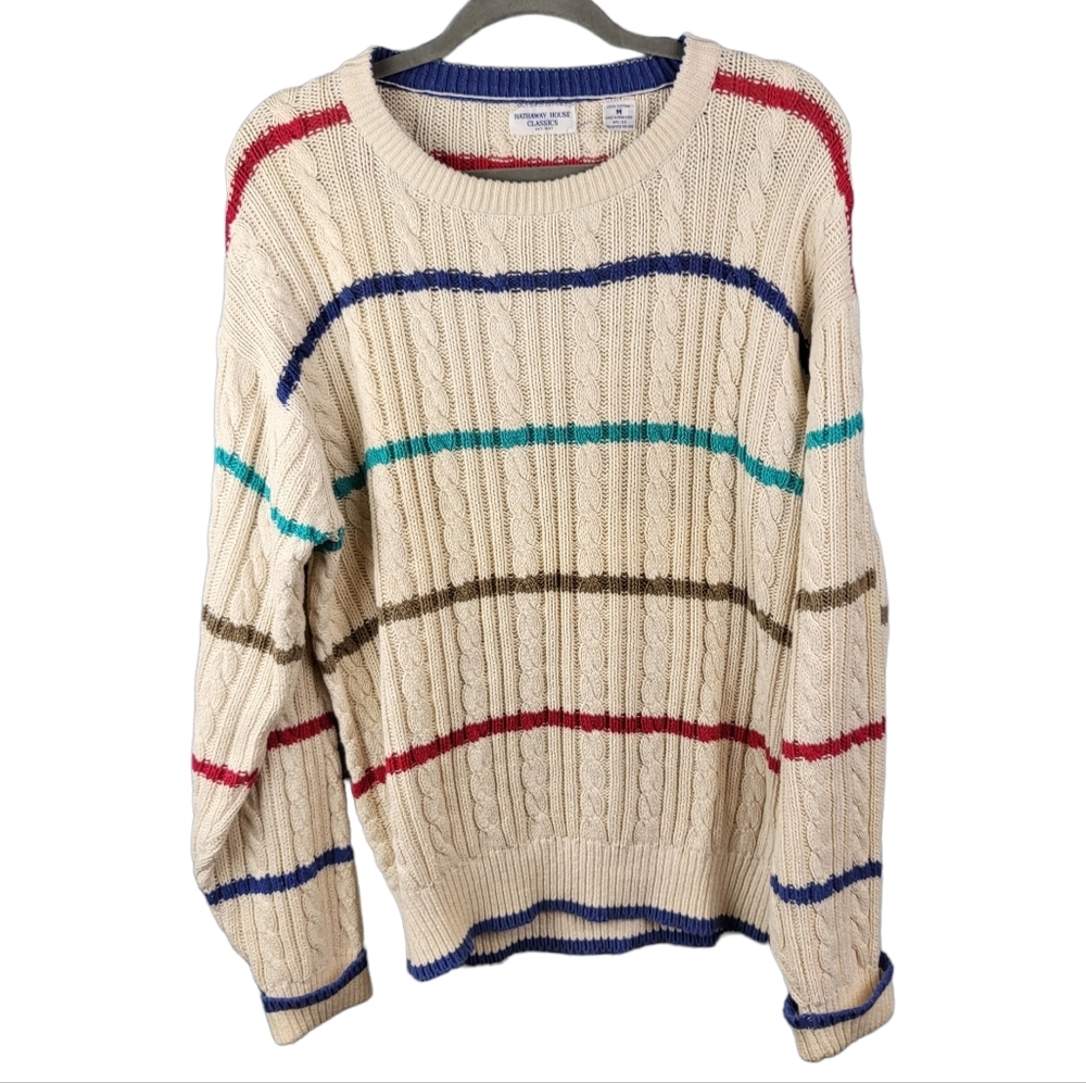 VINTAGE Hathaway House Classic Cream Colorful Striped Thick Cable Knit Sweater